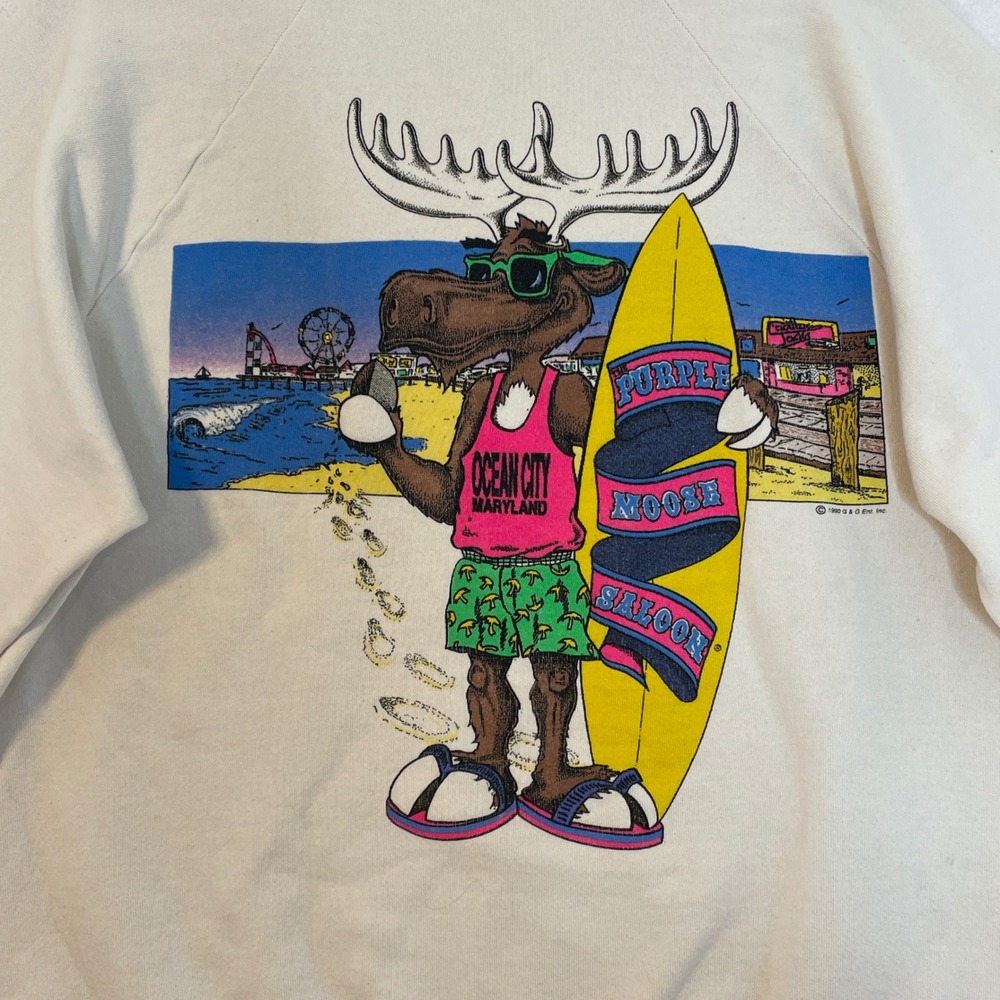 Vintage The Purple Moose Saloon Graphic Sweatshirt XXL Cream Surfer Moose - Picture 10 of 11
